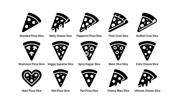Pizza slice icons showing different toppings and crust types