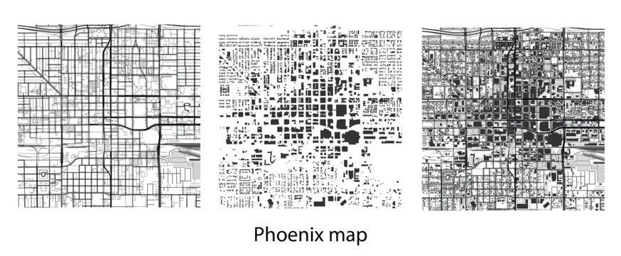 Phoenix city map vector set with urban building footprints, street roads and city grid layout.