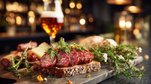 Sliced cured sausage served on a piece of rustic bread sits on a wooden board next to a glass of beer.