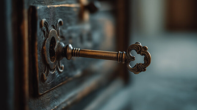 misaligned. A brass key slightly misaligned with a lock on an old wooden door. real-estate listings, architecture portfolios, designed for real-estate listing and luxury residence showcases.