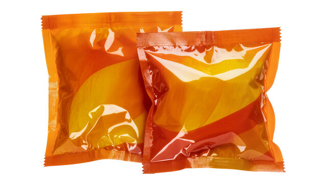 Orange snack packets with foil and plastic packaging