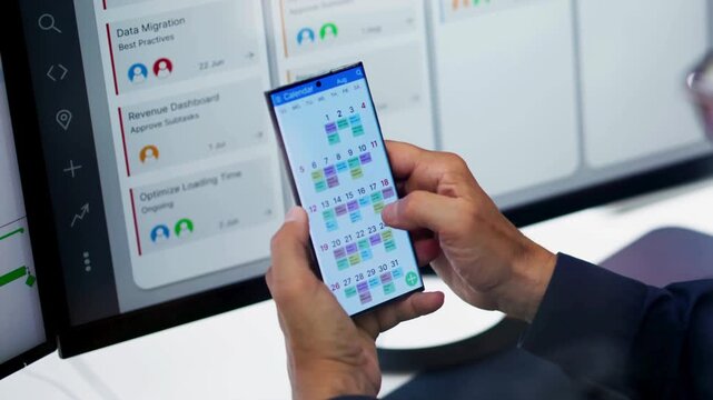 Digital calendar app on smartphone held by office worker, business scheduling and time management on mobile device, corporate data dashboard background