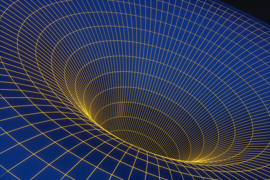 Force of gravity, warp the three-dimensional space, wormhole, black hole, collapsar, bridge. Physics, force of attraction, wire frame, spacetime, relativity between space and time.