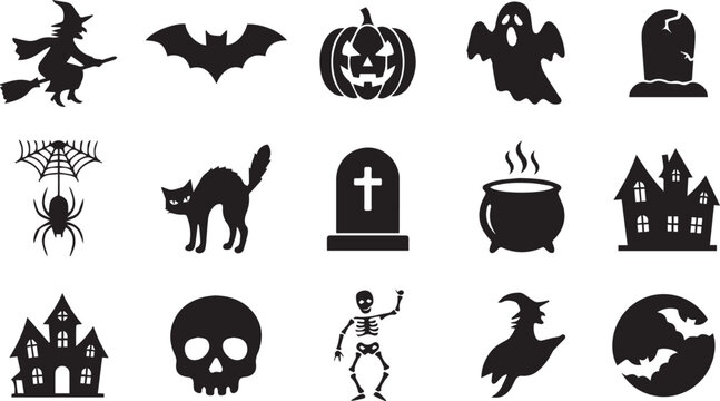Halloween Silhouette Icons Set - Spooky Vector Elements