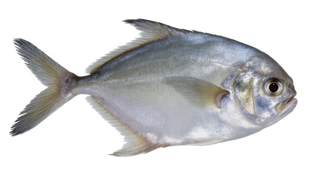 Silver jack fish with dark eye and blue fins swimming sideways