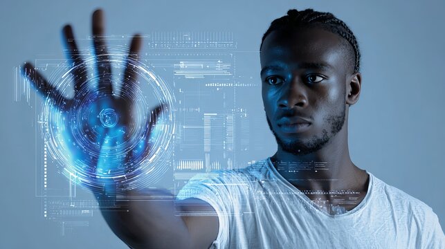 Young man interacting with a futuristic blue glowing digital interface in this detailed studio portrait photograph