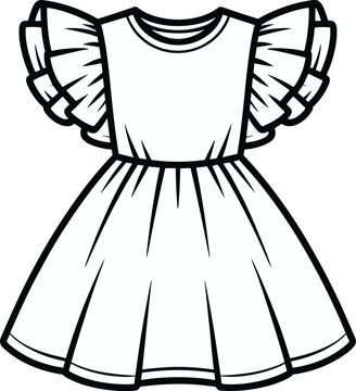 Girl ruffle sleeve dress black and white dress vector on white background.
