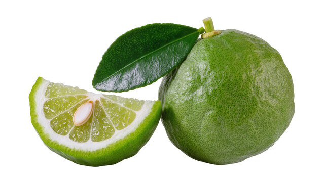 Green Kaffir Lime with Leaf and Slice Showing Pulp