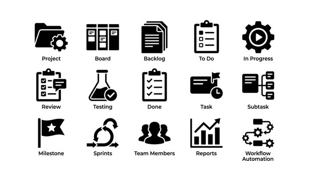 Project management icons showing workflow and task symbols on white