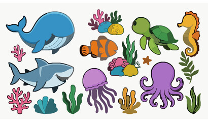Adorable ocean animals cartoon vector colorful marine illustration © abdul