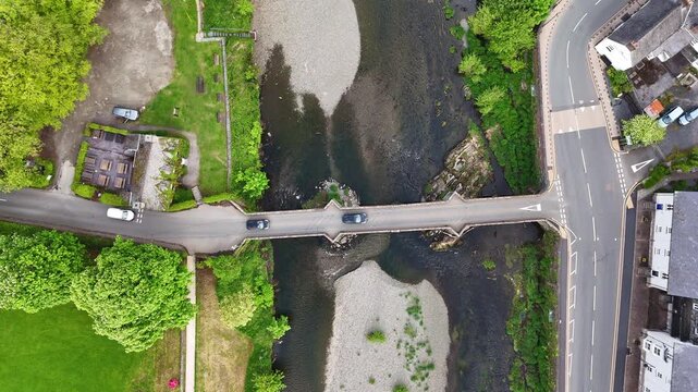 Top-Down Aerial of Traffic on Pont Fawr (Inigo Jones Bridge), Llanrwst, North Wales