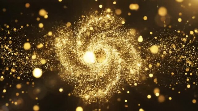 Abstract gold particles converging to form a sparkling central nebula against a dark background, elegant and magical