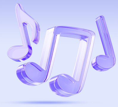 Hologram glass music notes on light purple 3d background. Eighth, quarter notes with notehead, stem, beam and flag. Musical notation, song chords, melody symbols, audio track icon. 3D illustration