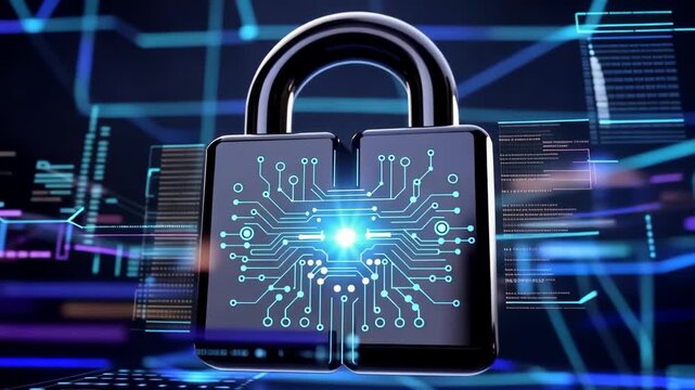 A glowing digital padlock unlocking with blue circuitry and data streams representing advanced cybersecurity and data protection