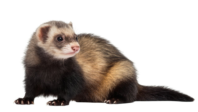 Brown Sable Furry Ferret Sitting Alertly with Long Tail