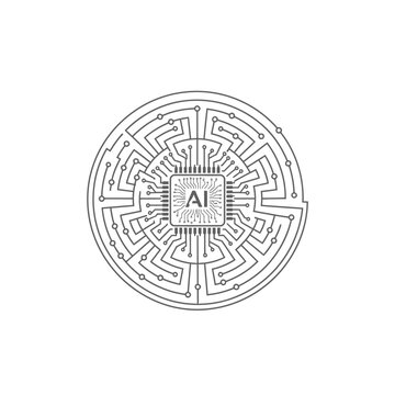 AI processor chip inside a circular circuit board maze