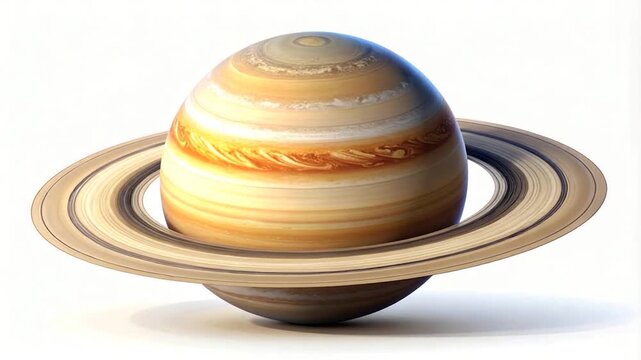 A photorealistic rendering of a celestial body with prominent, concentric ring system. A solitary planet