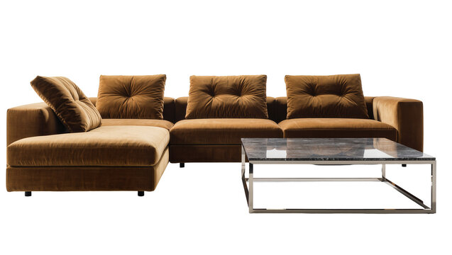 Brown sectional sofa with square pillows and modern glass coffee table
