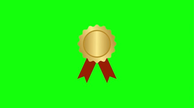 Golden award medal with red ribbons on a green screen background, perfect for achievement.