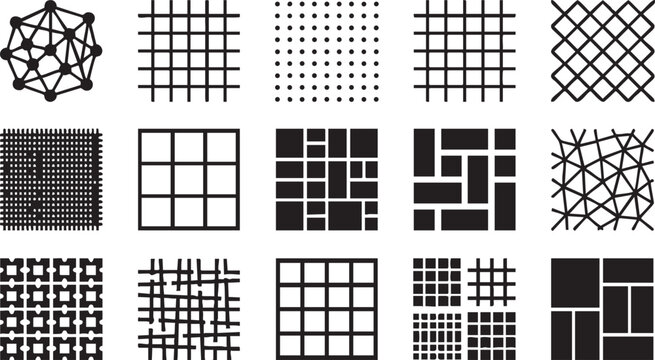 Geometric grid patterns and network mesh structures icon collection.