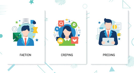 Fototapeta premium Flat vector mobile app infographic featuring three business professionals in sales, marketing and data roles, suitable for startup onboarding, corporate training and HR recruitment materials.