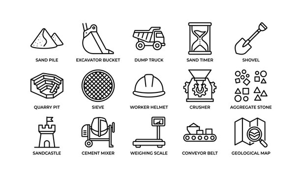 Construction and aggregate icons arranged on white background