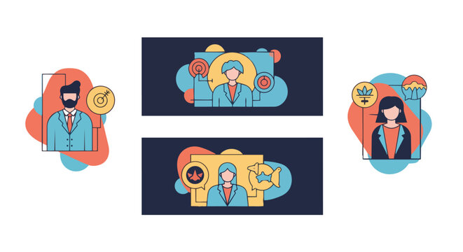 Flat vector set of diverse working professionals with career-specific icons on colorful abstract backgrounds, ideal for HR resources, corporate campaigns and diversity initiative materials.