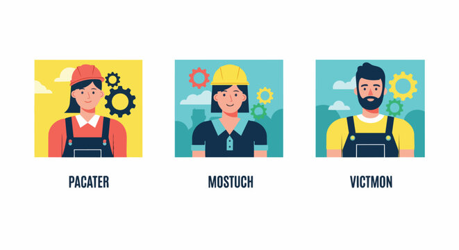 Flat vector set of diverse industrial worker avatars, male and female in work overalls and hard hats with cogs, perfect for team recruitment, industrial marketing and HR corporate training.
