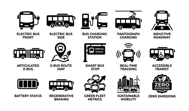 Electric bus and transit icons arranged on white background