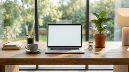 Fototapeta premium Laptop Workspace Mockup on Wooden Desk