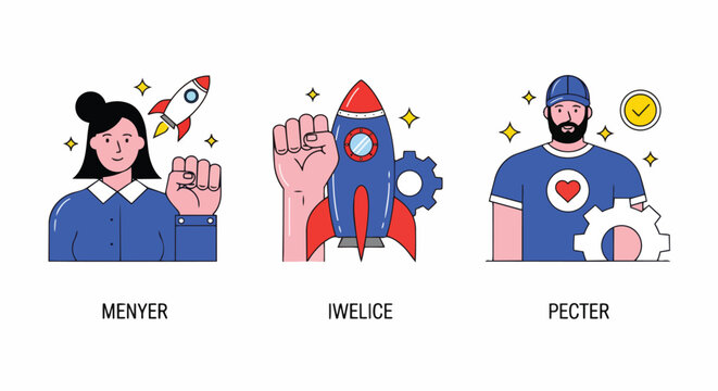 Diverse cartoon characters with raised fists and symbolic elements like rockets and gears, concept for teamwork, innovation, and business success