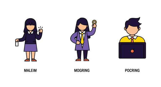 Stylized flat illustration of three diverse business professionals holding modern devices and accessories, concept for digital communication, remote work and professional networking