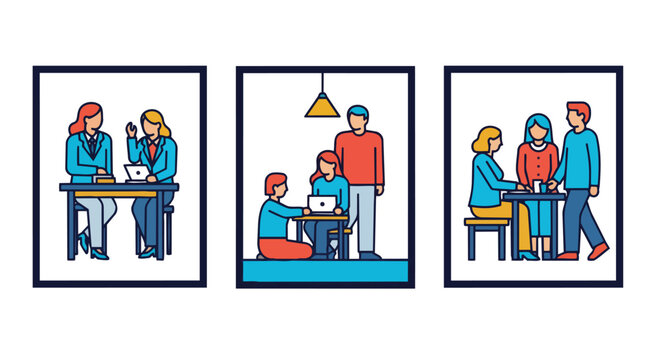 Modern flat illustration of diverse colleagues collaborating at tables with laptops and coffee cups, concept for teamwork, business meetings and office communication