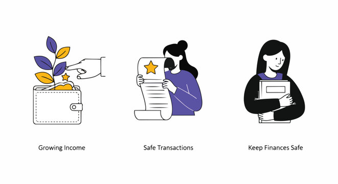Stylized flat illustration of a growing income, safe transactions, and keeping finances safe with a wallet, document, and book, concept for financial planning, investment strategy and personal