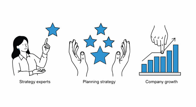 Clean line art illustration of a businesswoman pointing to a star, hands holding stars, and a bar graph showing company growth, concept for strategy, planning, and business success