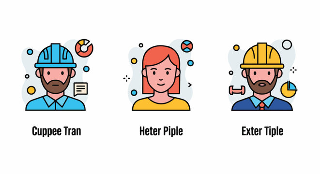 Modern flat line art vector avatars of construction engineers and professional staff, colorful workplace icon set, ideal for team directories, HR onboarding materials and project management resources.