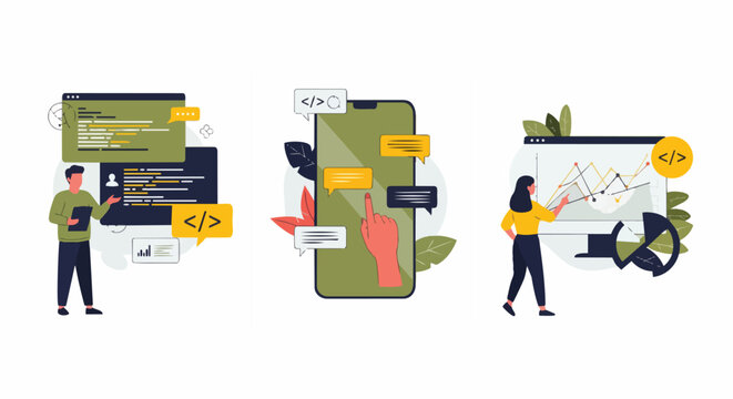 Set of flat vector illustrations of coding, web and mobile app development, data analysis workflows, perfect for tech startup websites, SaaS marketing and app development promotions.