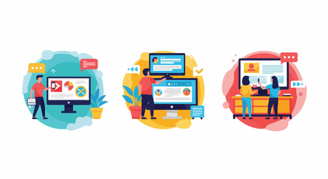 Diverse team collaborating on digital projects with monitors and charts, concept for web development, online learning and business analytics