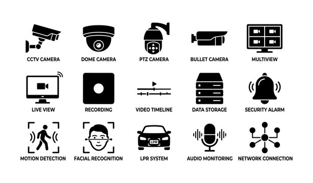 Security camera and monitoring icons displayed with labels on white