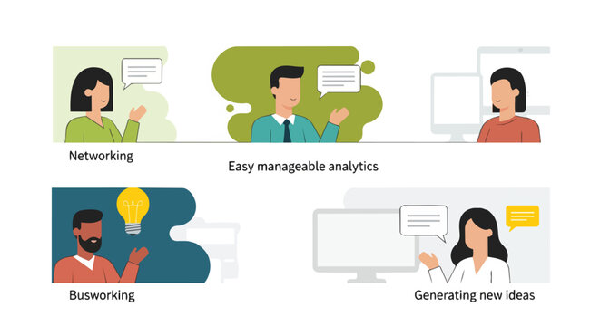 Set of flat vector illustrations of office professionals collaborating, networking and generating new ideas, concept for corporate training, team workshops and workplace productivity resources.