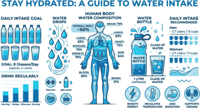Flat vector hydration concept. Water drops, glass of water, water bottle, human body water percentage diagram, daily intake chart. Blue on white background.