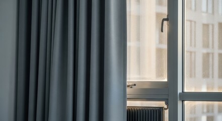 Obraz premium Dark Gray Curtains by Dirty Window in Room Minimalist Interior Design Home Decor Soft Light Textile Fabric Material Background