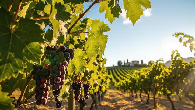 Ripe red grapes hanging on the vine at a vineyard with rows of green plants and a clear blue sky