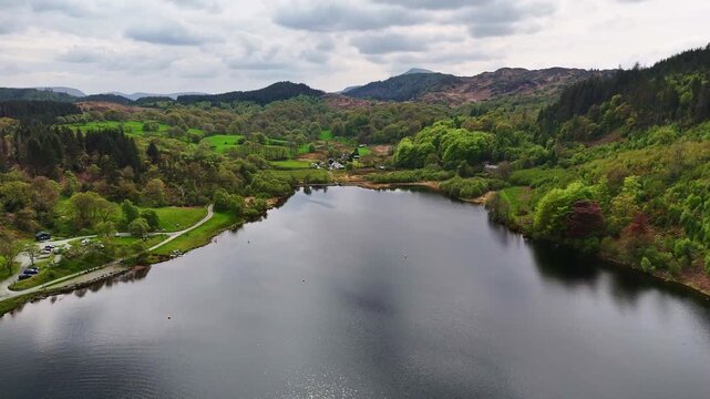 Aerial Tracking Shot of Llyn Geirionydd and Gwydir Forest, Eryri (Snowdonia), North Wales