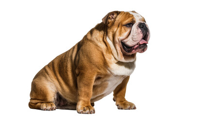 Tan and White Adult English Bulldog Sitting with Pink Tongue © Pablo