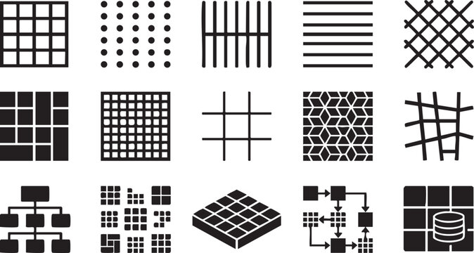 Collection of grid and geometric patterns including squares, lines, and 3D cubes.