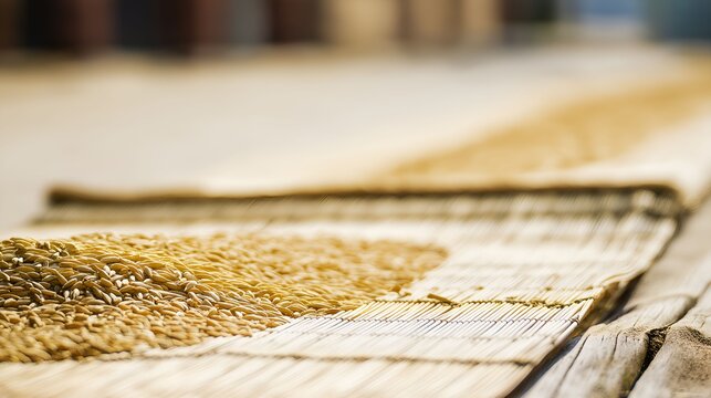 foolishness. Barley grains drying on a mat under soft, natural sunlight. menu design, packaging mockups, designed for culinary blogs and recipe cards for restaurants, used by account managers.