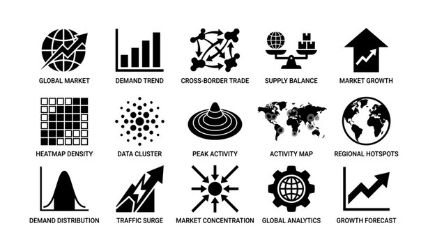 Market and global analytics icons arranged on white background