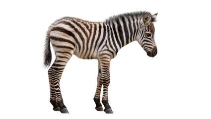 Naklejka premium Young striped zebra standing in profile with dark markings