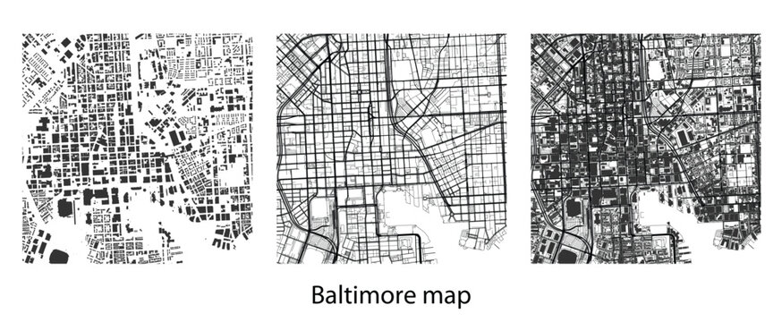 Baltimore city map vector set with urban building footprints, street roads and city grid layout.